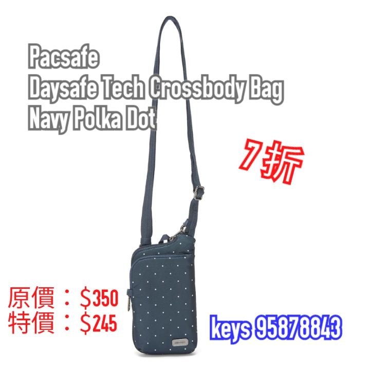 Pacsafe Daysafe Tech Crossbody Bag-Navy polka dot
